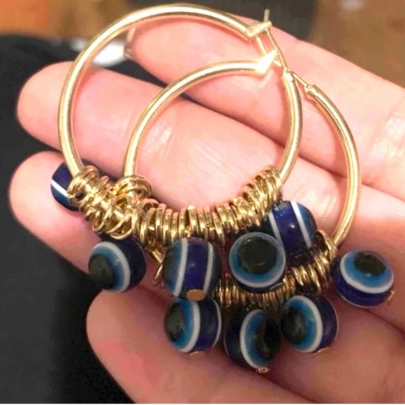 “Quadruple Evil Eye” Navy Blue Devil’s Eye Nazar Mati Protection Talisman Hoops - Picture 4 of 4